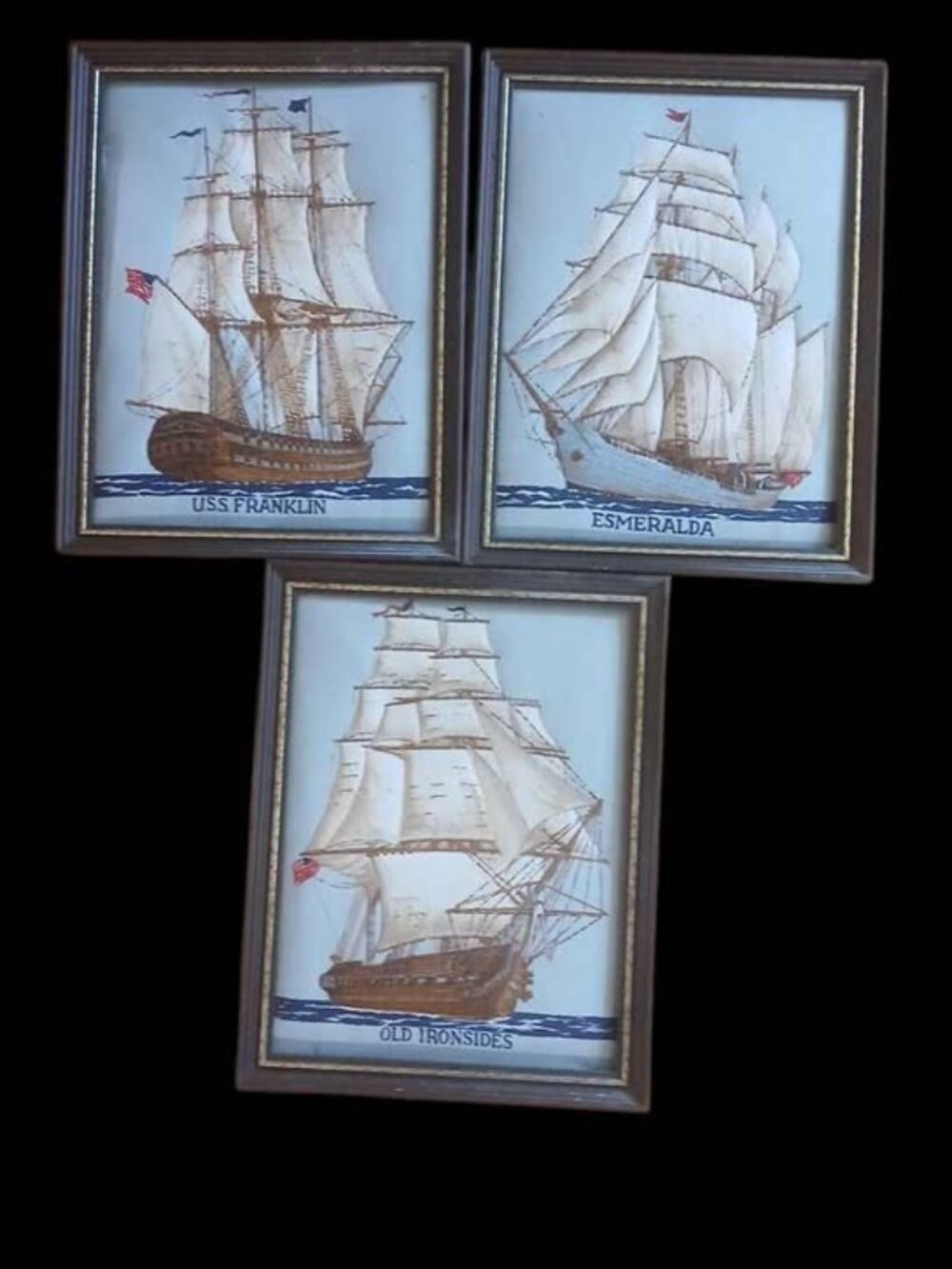 Set of 3 Vintage Framed Nautical Ship Prints - USS Franklin, Esmeralda, Old Iron